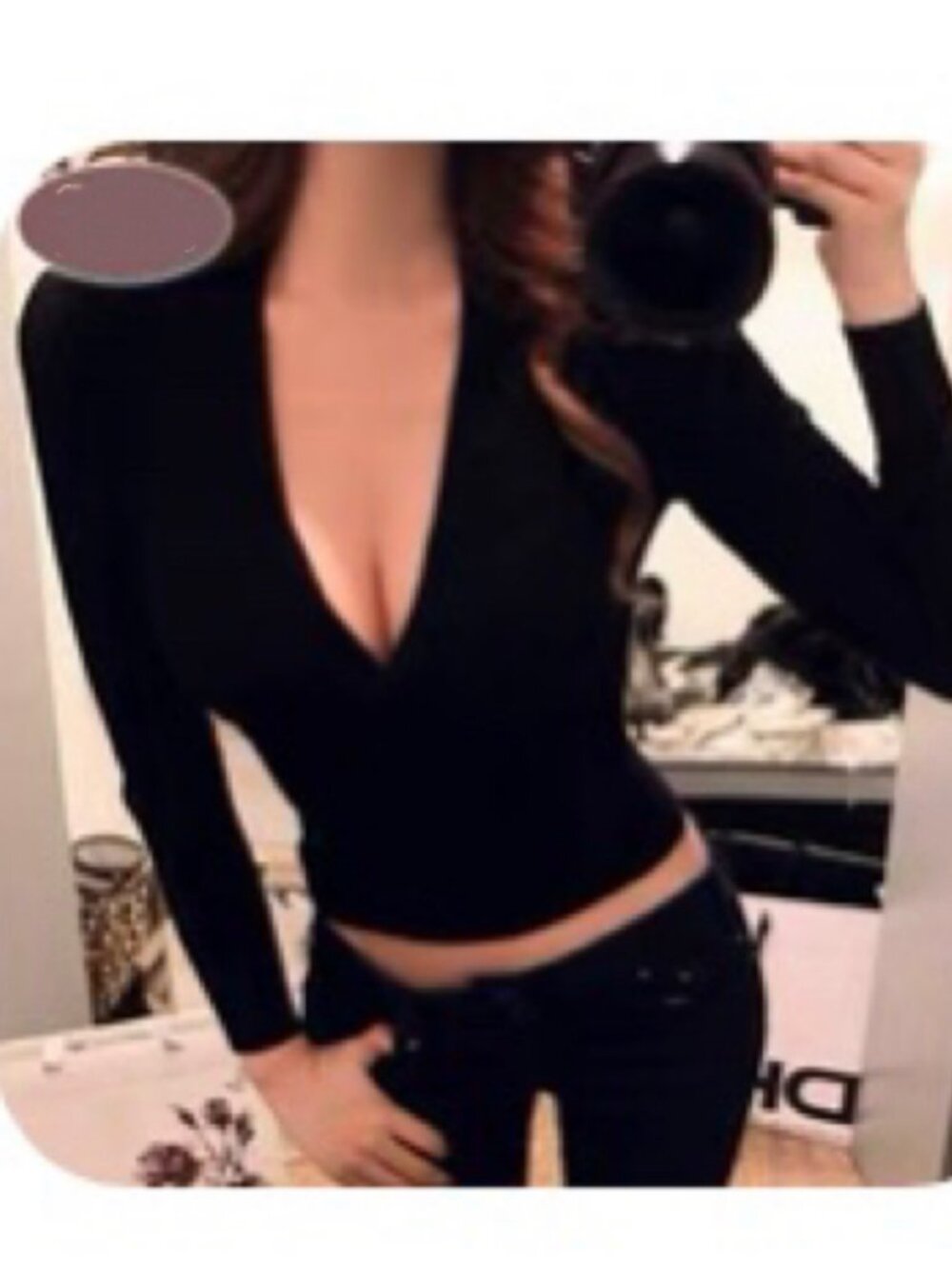 Black Ribbed Knit Wrap V-Neck Long Sleeve Top